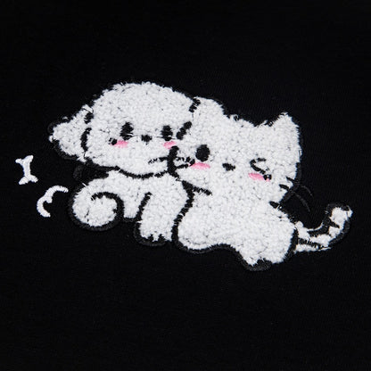 Black Star Print Short Sleeve Tee with Cat Embroidery - Languid Park