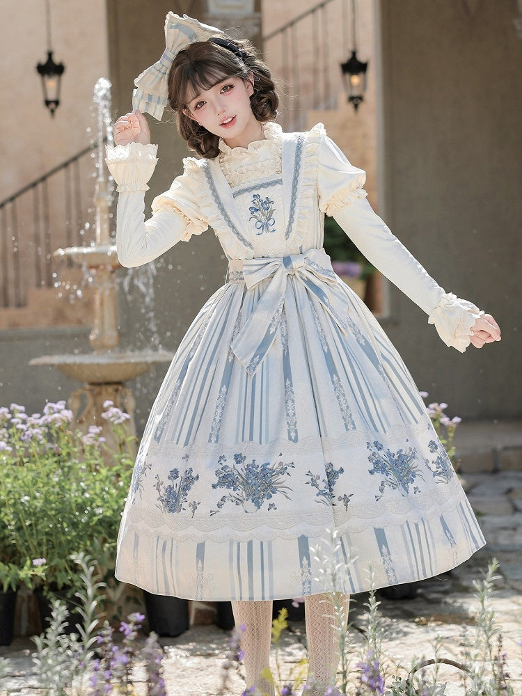 Long Blue & White Striped Floral Embroidered JSK Set with Knit Top, Belt & KC - With PUJI