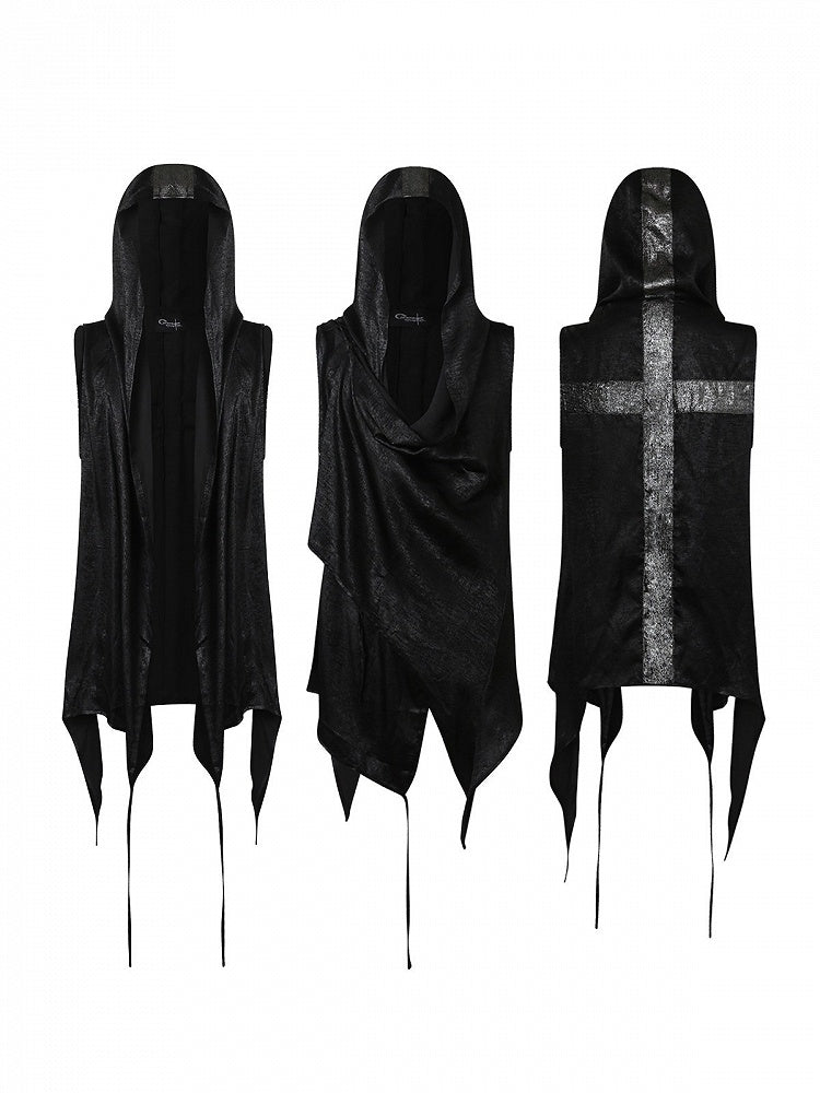 Black Hooded Vest with Asymmetrical Neckline & Cross Design at Back - CroixDragon