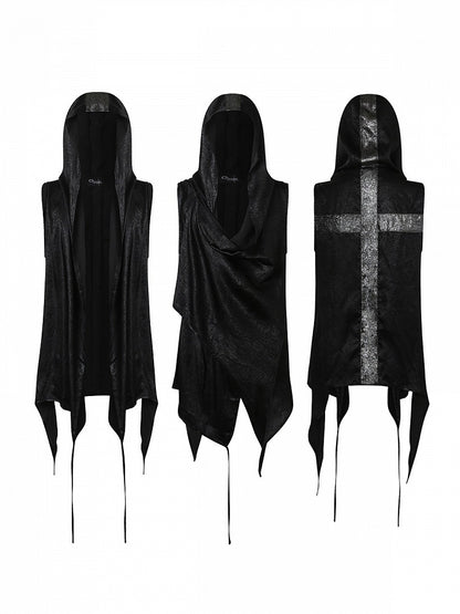 Black Hooded Vest with Asymmetrical Neckline & Cross Design at Back - CroixDragon