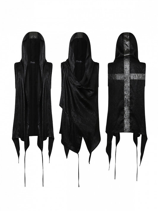 Black Hooded Vest with Asymmetrical Neckline & Cross Design at Back - CroixDragon