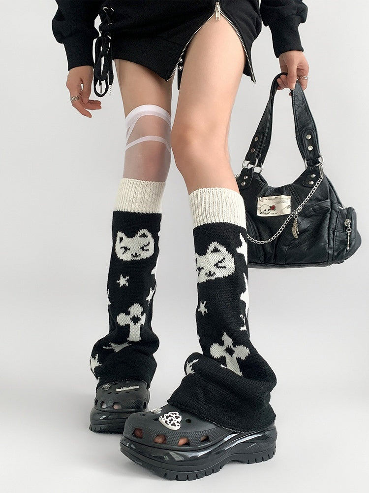 Star Knitted Kitty Cute Pattern Black/White Warmers Leg and