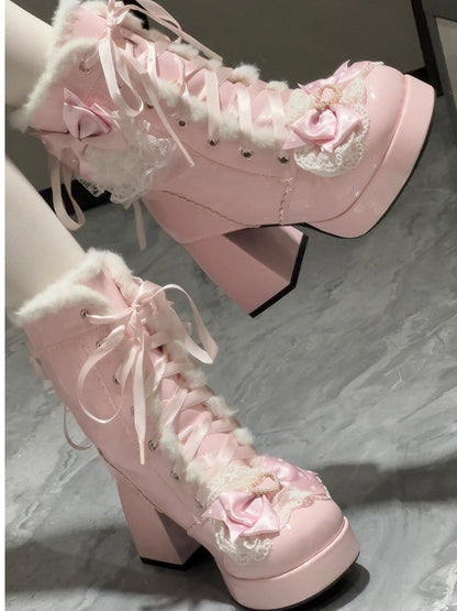 Sweet Pink 8CM High Heel Winter Boots with Lace & Heart Accents and Front Lacing - Witch's Night