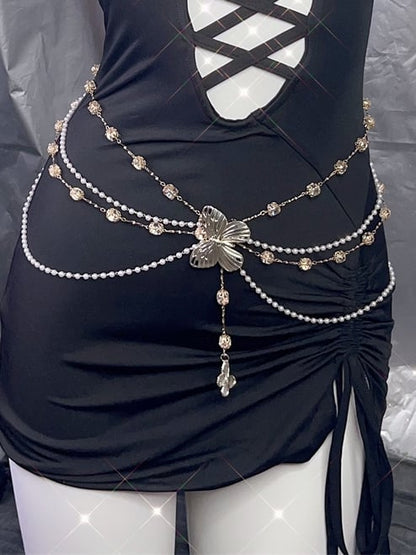 Y2K Chain Butterfly Decorated White Beaded Waist