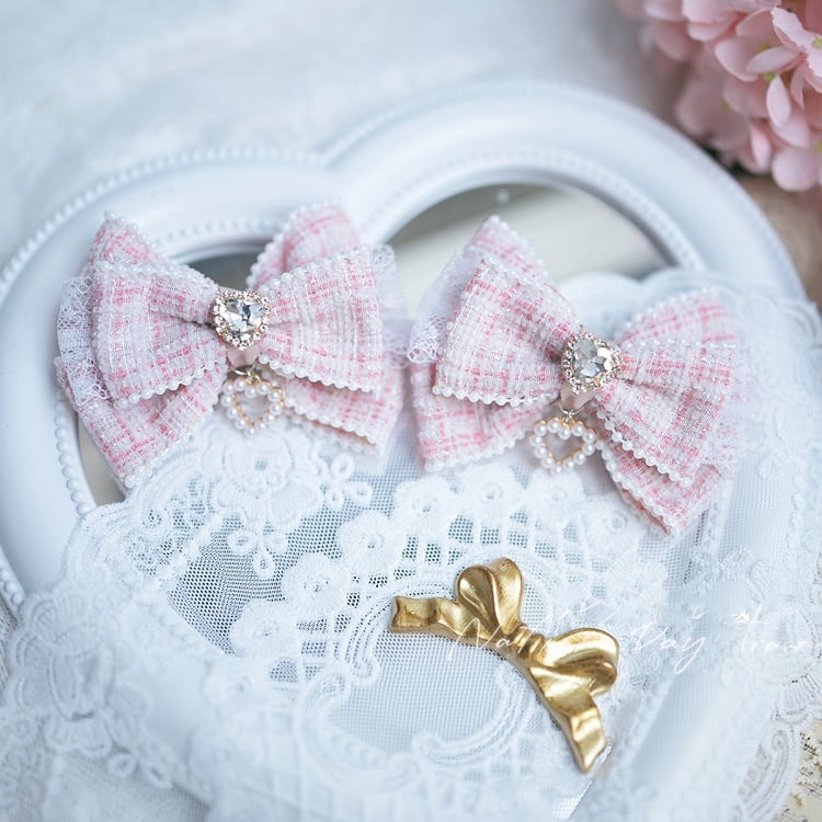 Black/Blue/Pink/Apricot Heart Rhinestone Jirai Kei Bow Hairclips