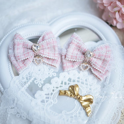 Black/Blue/Pink/Apricot Heart Rhinestone Jirai Kei Bow Hairclips