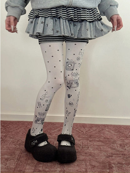 Tights Cute Polka Dot Cat Pattern Opaque