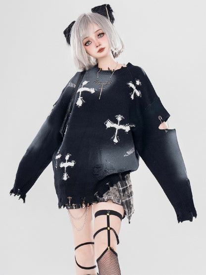 Y2K ブラック/グレー クロスシェイプ ダメージ加工 ホールズ ラウンドネック セーター