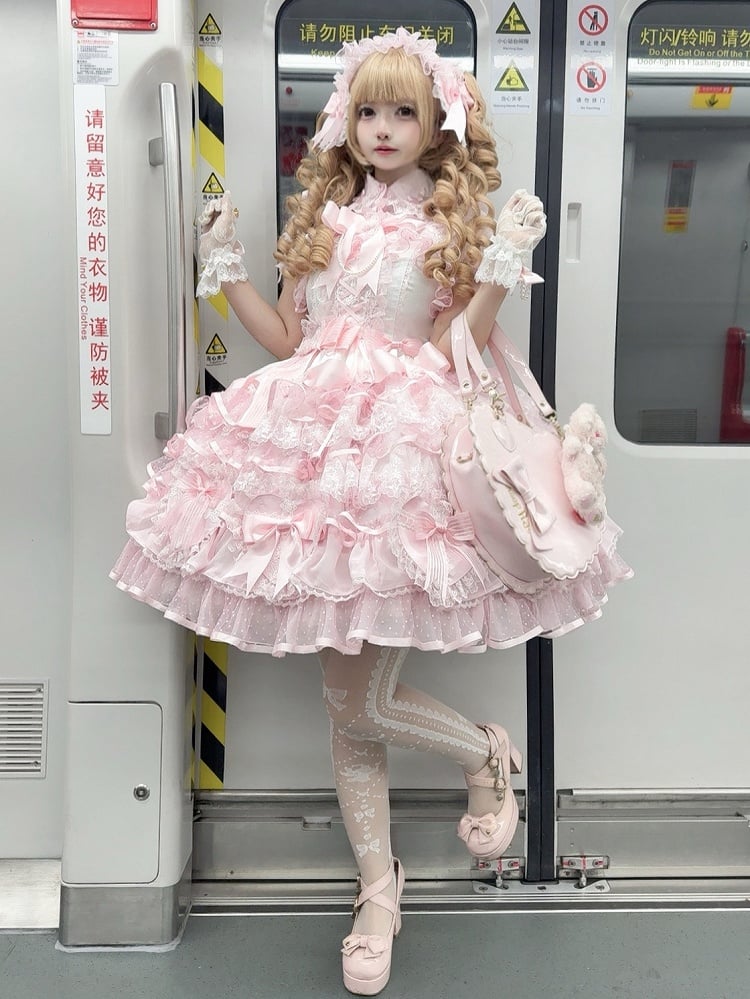 Skirt Dress Heart-shaped Princess Lolita White and Decoration Pink Hanayome Bows Layered Jumper