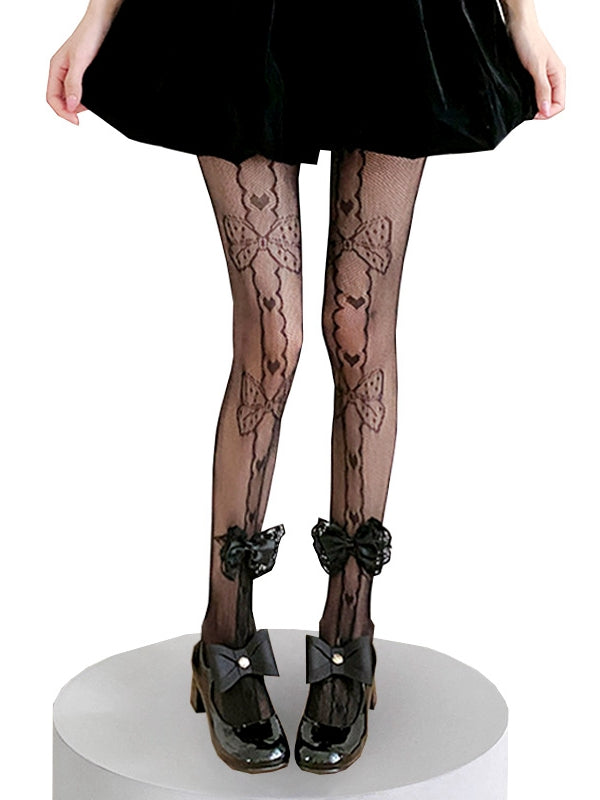 ブラック/ホワイト クリーミーホワイト リボン飾り 蝶結びとハートの網タイツ