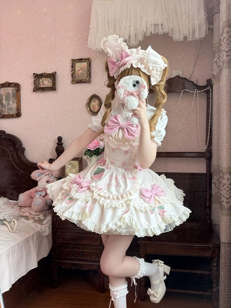 Set Full Dress with Themed Pink Bonnet JSK Strawberry and Lolita Details Lace Apricot Ear Bow Gentle Choker + Polka Dot Hairband Bunny
