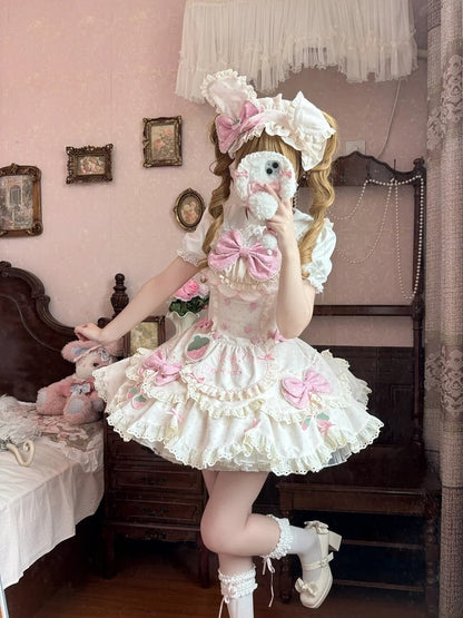Set Full Dress with Themed Pink Bonnet JSK Strawberry and Lolita Details Lace Apricot Ear Bow Gentle Choker + Polka Dot Hairband Bunny