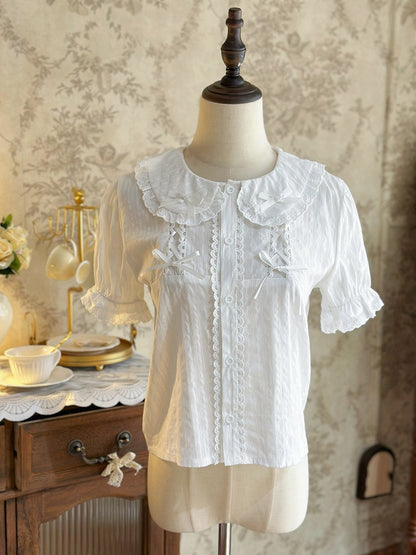 White Sweet Peter Pan Collar Short Sleeve Cotton Blouse Lolita - Jelly Girl