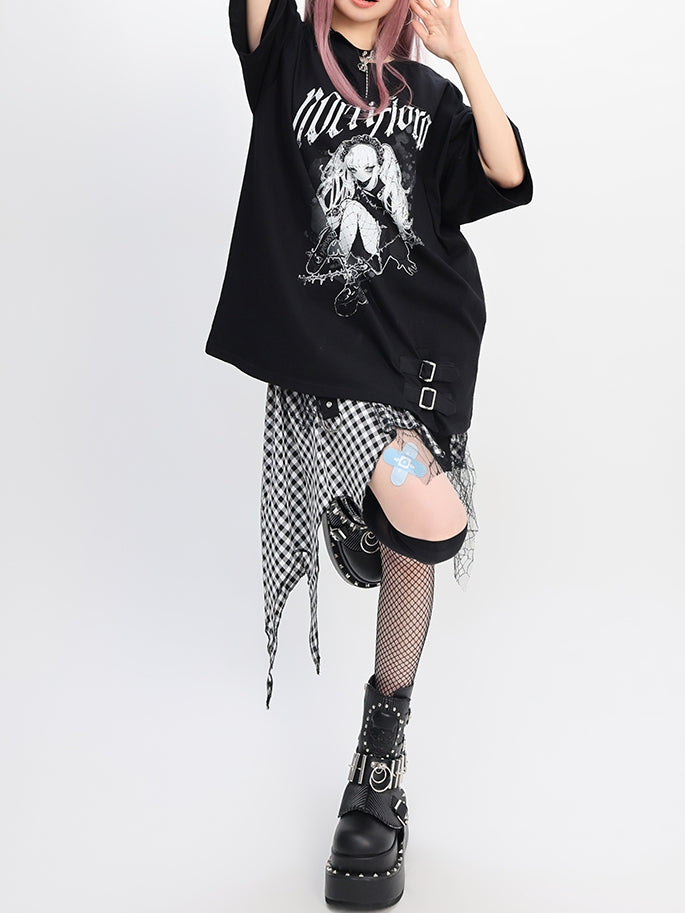 Y2K ブラック スナップディテール ネックライン アニメプリント ガール ルーズTシャツ