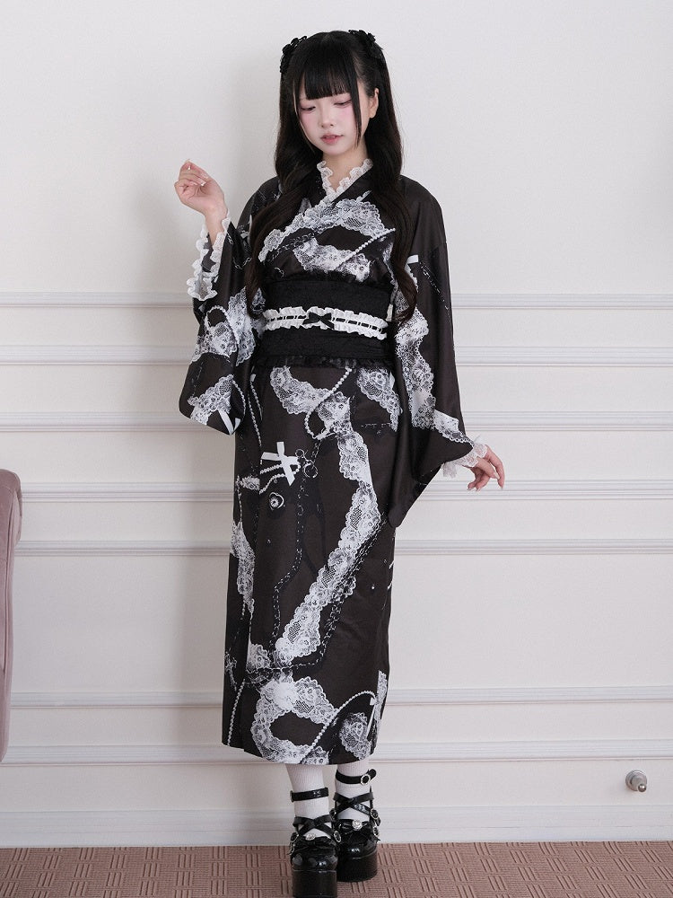 Black Yukata-Inspired Jirai Kei Lace Print Cross Collar Top with Lace Details - No Genki