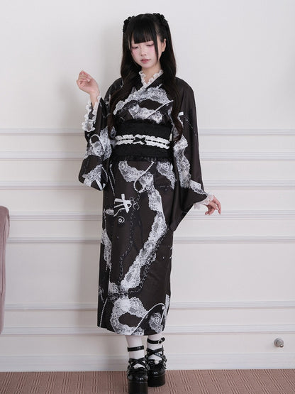 Black Yukata-Inspired Jirai Kei Lace Print Cross Collar Top with Lace Details - No Genki