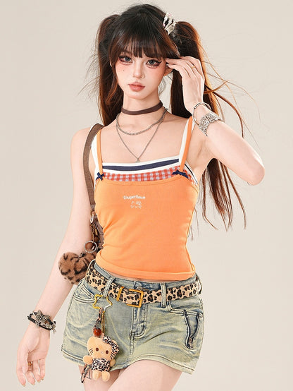 Two-pieces Details Red/Orange Top Faux Cami Bowknot Glamorous Y2K