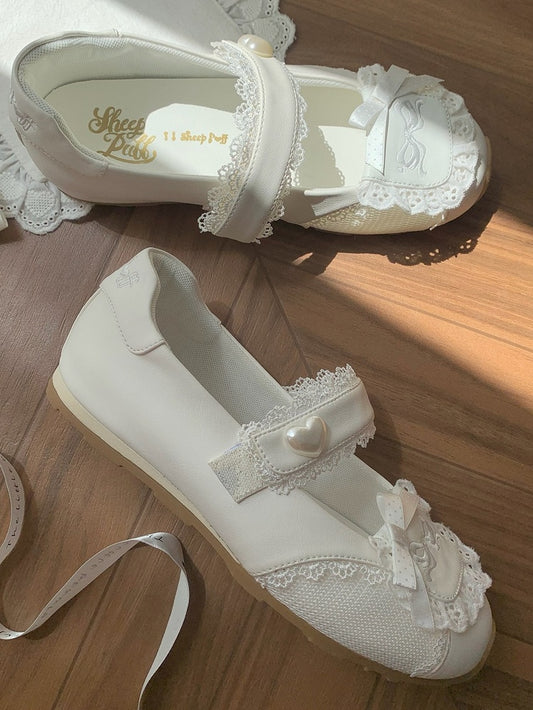 Heart-Adorned Bow Velcro Trim Sweet - Details Flat Lolita Lace Straps White Shoes