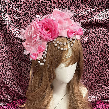 Red Fashion Pink Hime with Y2K Rose Gyaru / Chain Beaded Hair Showa Clip