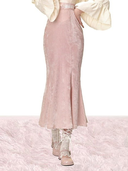 - Length Tea Skirt Pink Mermaid with Bow-Adorned Waistband