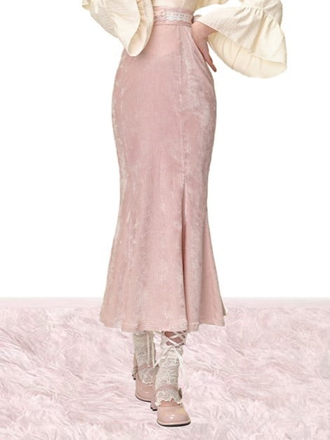 - Length Tea Skirt Pink Mermaid with Bow-Adorned Waistband