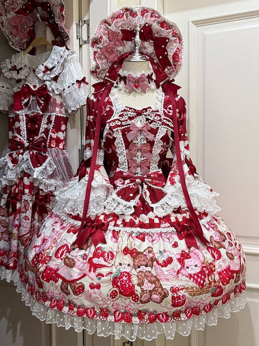Red Bell Sleeves Sweet Lolita OP Dress with Teddy and Cake Print - Miss Han