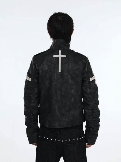 Genderless Punk Black Double-Breasted Decorative Faux Leather Jacket with Cross Pattern - DETW OnLine