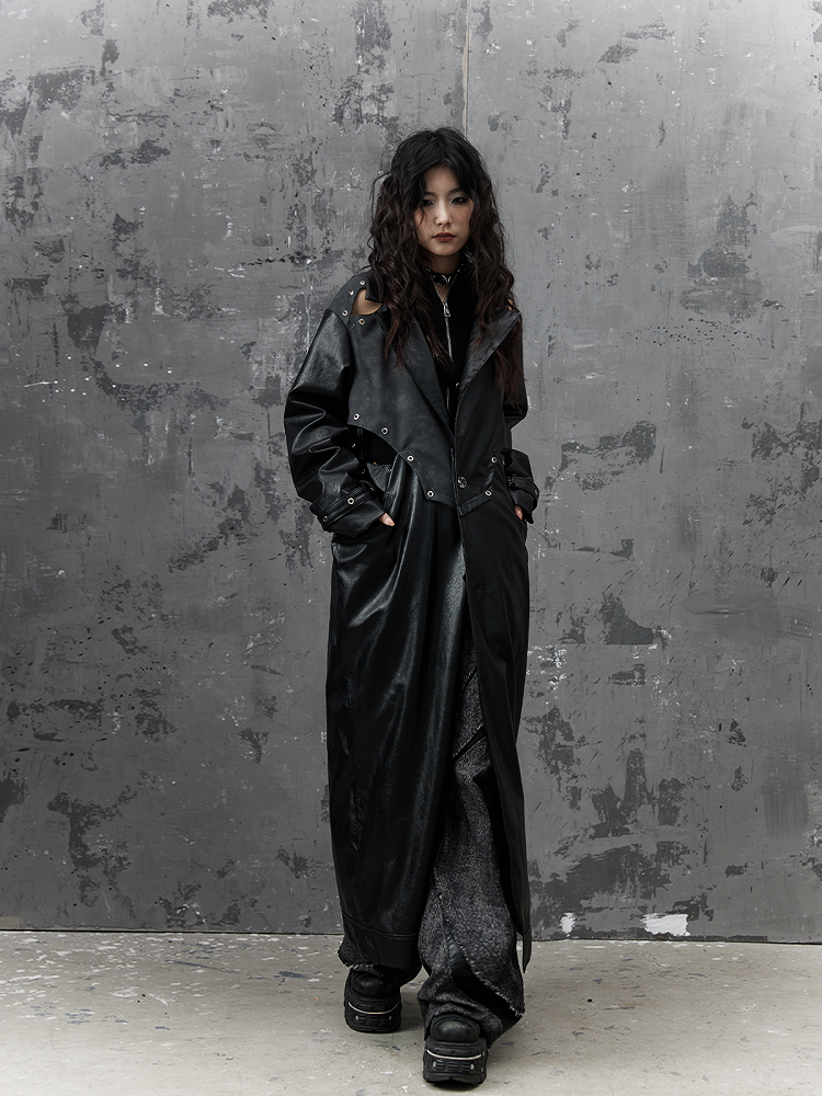 Punk Coat - Design Cuffs Long Buckle Patchwork PU Cutout