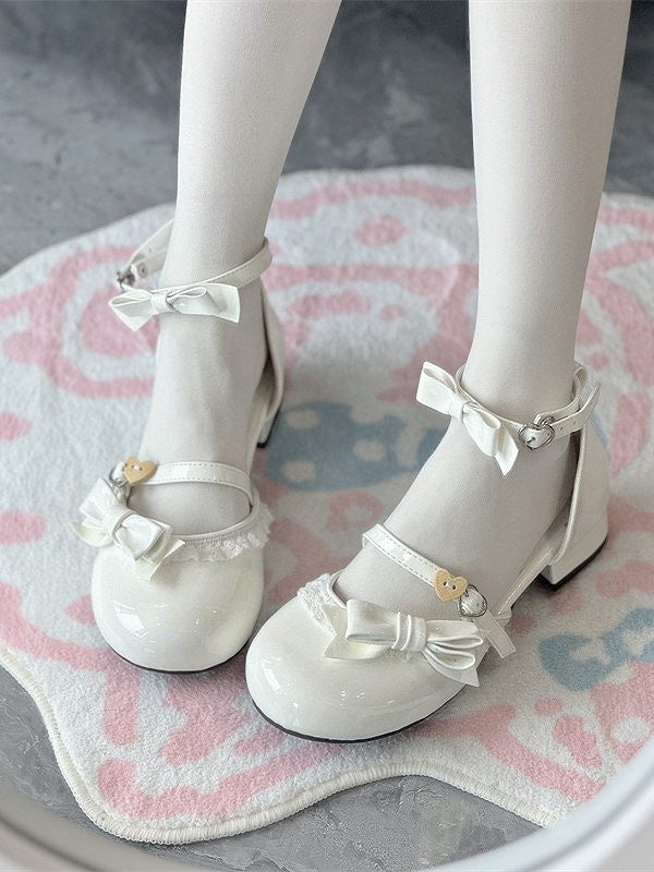 with Sandals Snap Sweet White and Low-heel Lolita Heart-Shaped Style Bows Decor