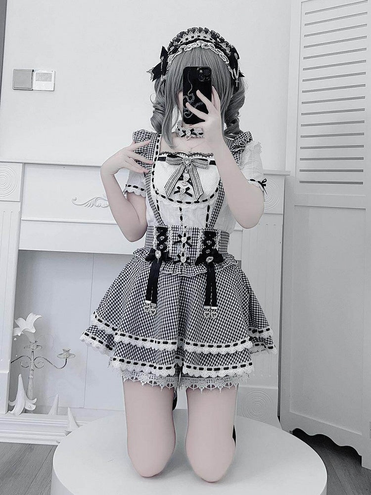 Black White Gingham Jirai Kei Overall Skort with Bow Lace Details - Broken Bear