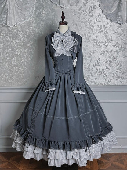 Lolita Blouse Badge Bolero Striped Classic + Gray Skirt Set Boned Hat Elegant Top Full