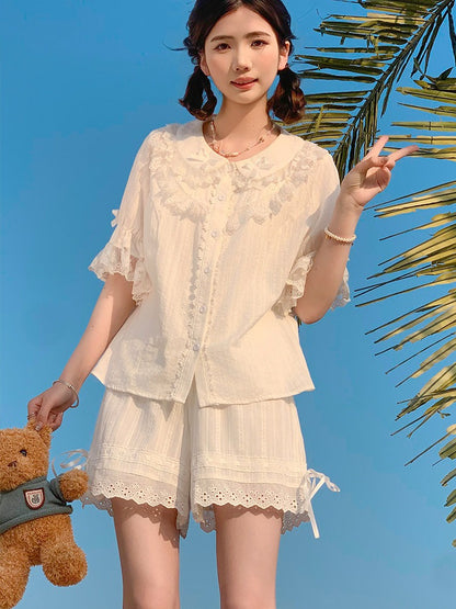 White Cotton Lace Bow Shorts - Lan Jian Chuan