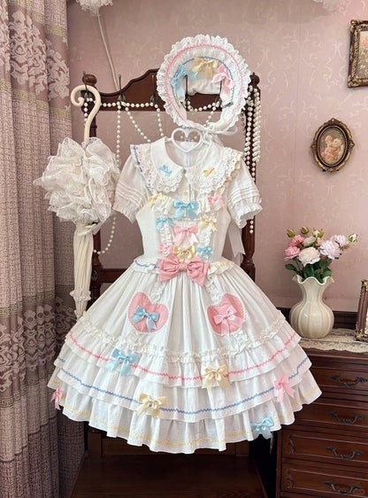 Bowknots White Macaron Color Ruffled Lace Trim Bonnet