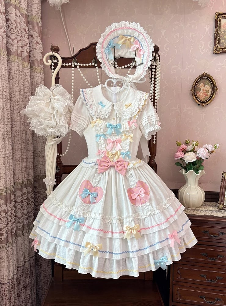 Macaron Farbe Bowknots Weiß Rock Flattern Süße Lolita Kleid Ärmeln JSK Tiered