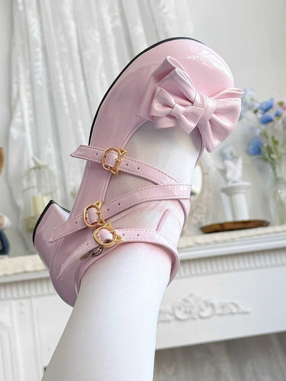 with Mid - Heel Pink Mary Bow Lolita PU Elegant Accent Janes