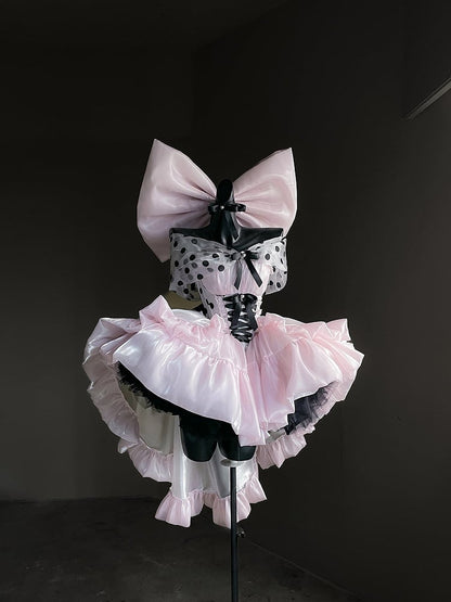 Satin Off-the-Shoulder Dress with and Large Bow Detail Dot Pink Princess Balletcore Polka