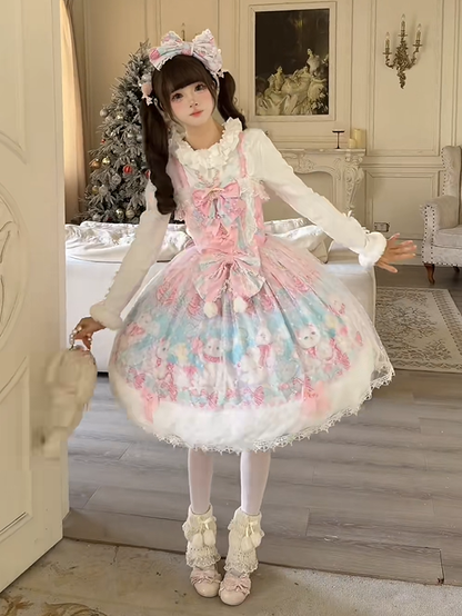 Pink with Sweet Cat Fur Trim Bow Print Accents Lolita Hem and Dress