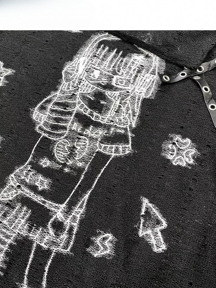 Girl Studs T-shirt Off-the-shoulder Black Details Print Cartoon Neckline