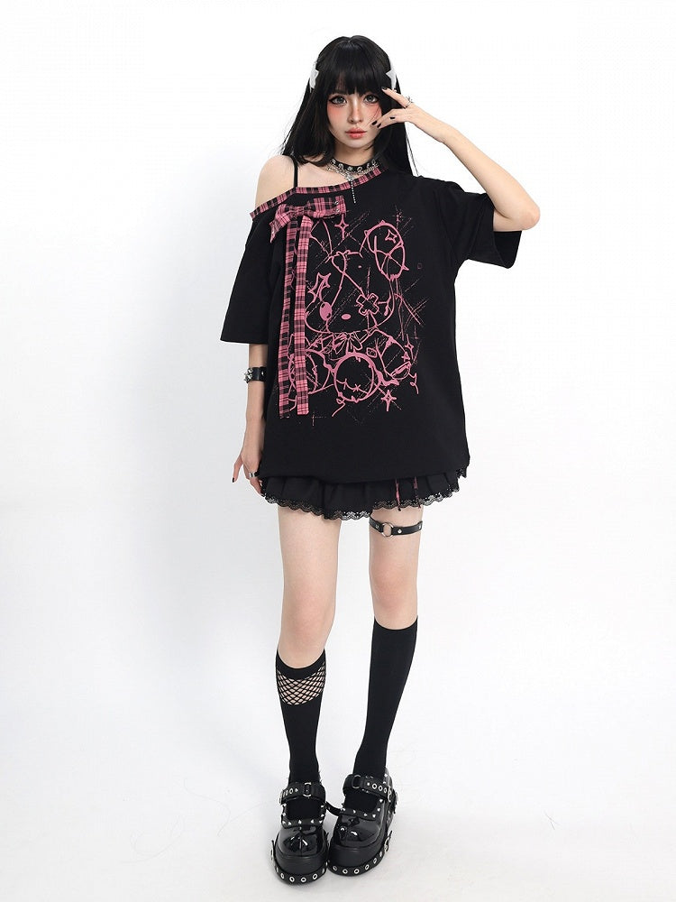 Ebony and Rose Asymmetric Tee with Doll Graphic and Check Bow - Catwish