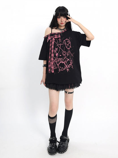 Ebony and Rose Asymmetric Tee with Doll Graphic and Check Bow - Catwish
