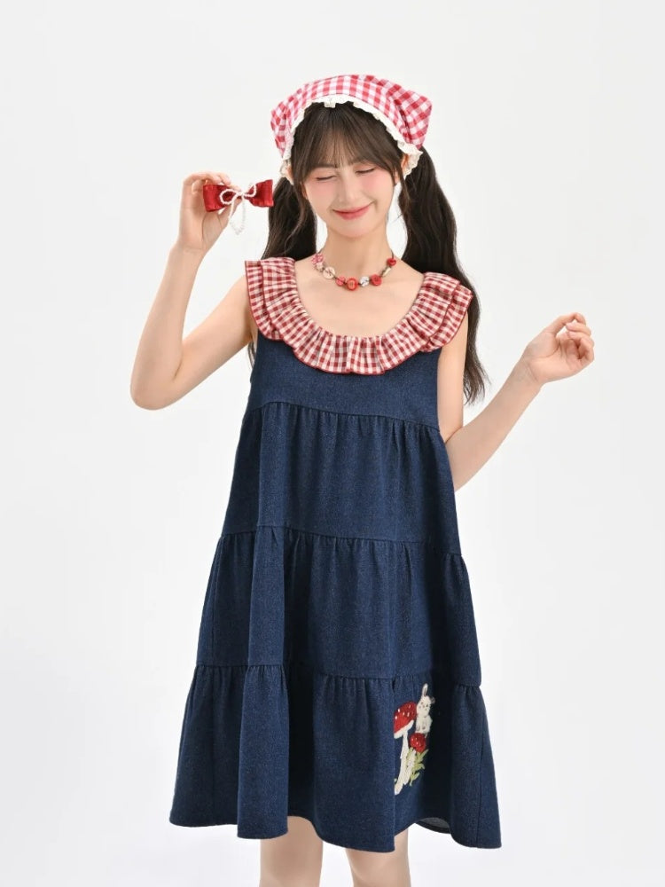 Bunny and Mushroom Embroidery Red Navy Blue Sleeveless Dress Neckline Plaid