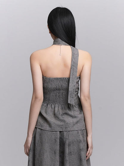 Gray Splatter Punk Matching Layered with Asymmetric Wasteland Neck Ruching Strap Bustier