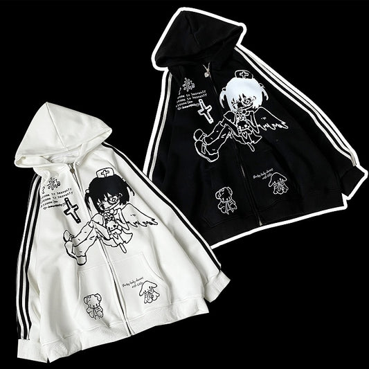 Jirai Kei Weiß/Schwarz Yami Kawaii Angel Girl Kapuzenpullover mit Reißverschluss