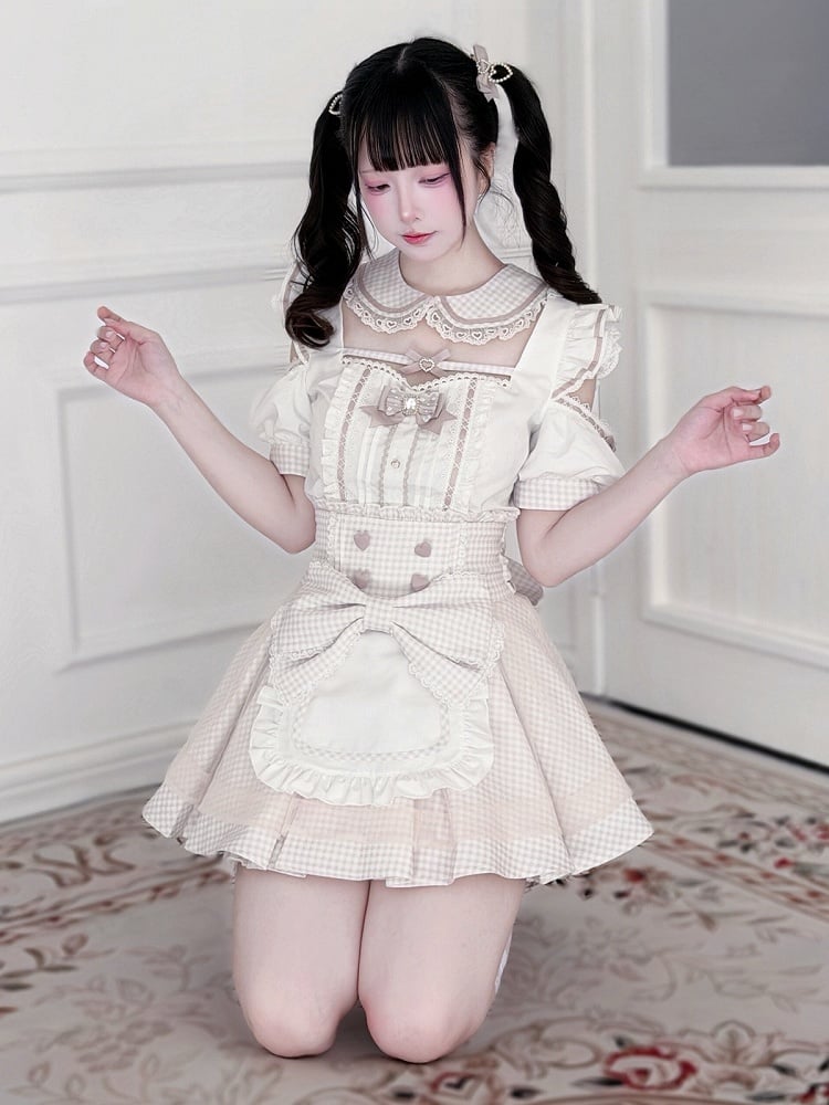 Maid Style Pink & White Landmine Cutout Shoulder Short Sleeve Top with Detachable Apron Skirt - Shi Zhai Xin