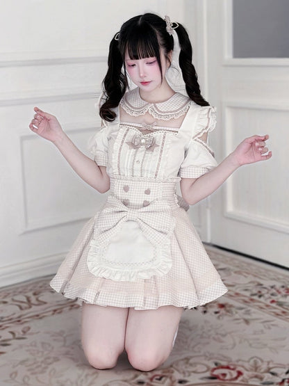 Maid Style Pink & White Landmine Cutout Shoulder Short Sleeve Top with Detachable Apron Skirt - Shi Zhai Xin