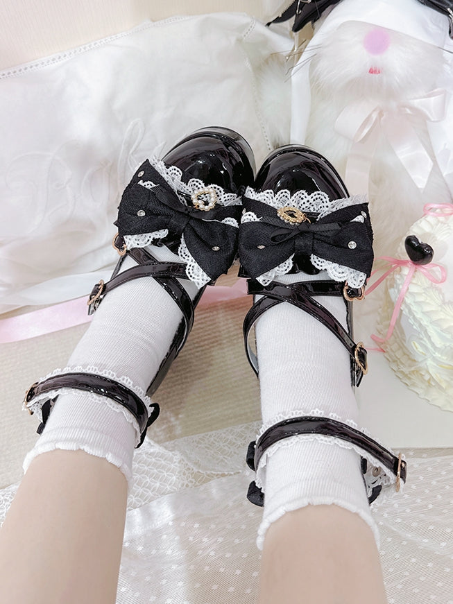 Polished Black Jirai Kei Platform Block Heels with Heart Buckles & Crisscross Bow Top - Transfer Student