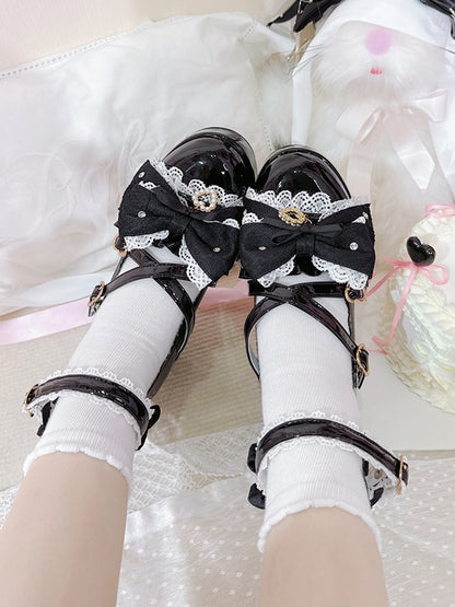 Polished Black Jirai Kei Platform Block Heels with Heart Buckles & Crisscross Bow Top - Transfer Student
