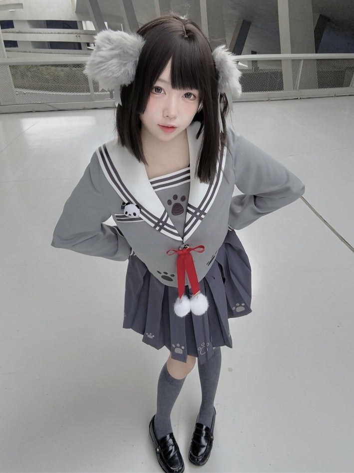 Wolf Motif Gray Sailor-Collar Long Sleeve Tee with Bows and Pom-Poms - To Alice