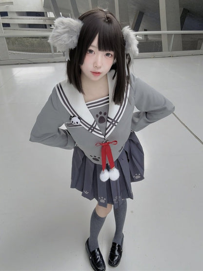 Wolf Motif Gray Sailor-Collar Long Sleeve Tee with Bows and Pom-Poms - To Alice