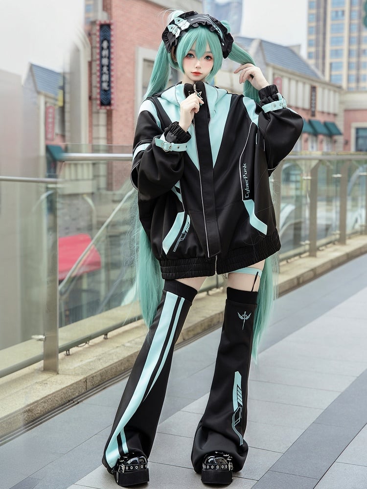 Black and Green Cyberpunk Jirai Kei Outfit - Hooded Jacket Shorts Leg Warmers Headpiece Full Set